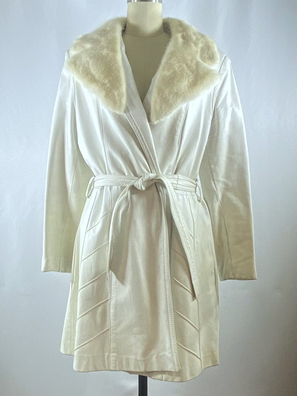1970s White Leather Coat with Mink Collar - Medium